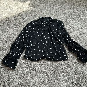 Top shop black and white polka dot sheer tie sleeve blouse sz 10
